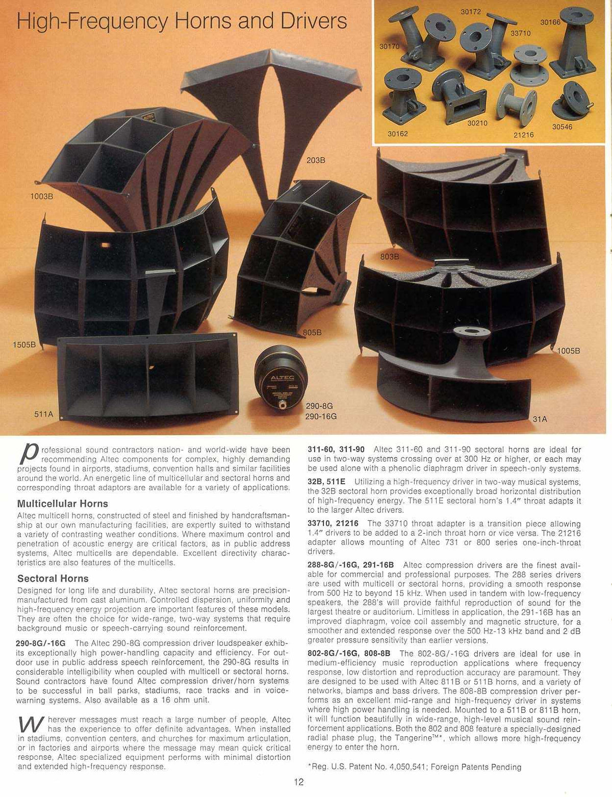 High-frequency horns and drivers on a brown background with text and additional components.