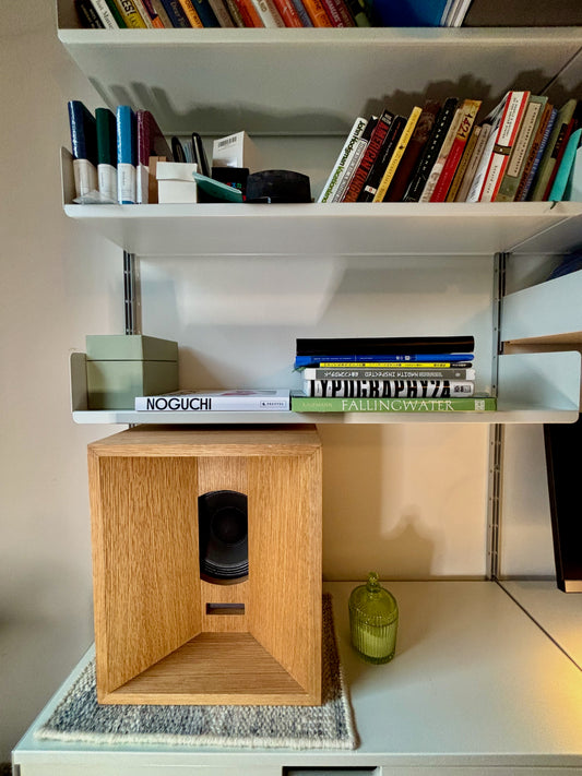 Speaker made in Brooklyn sitting on Vitsoe wall mounted shelf