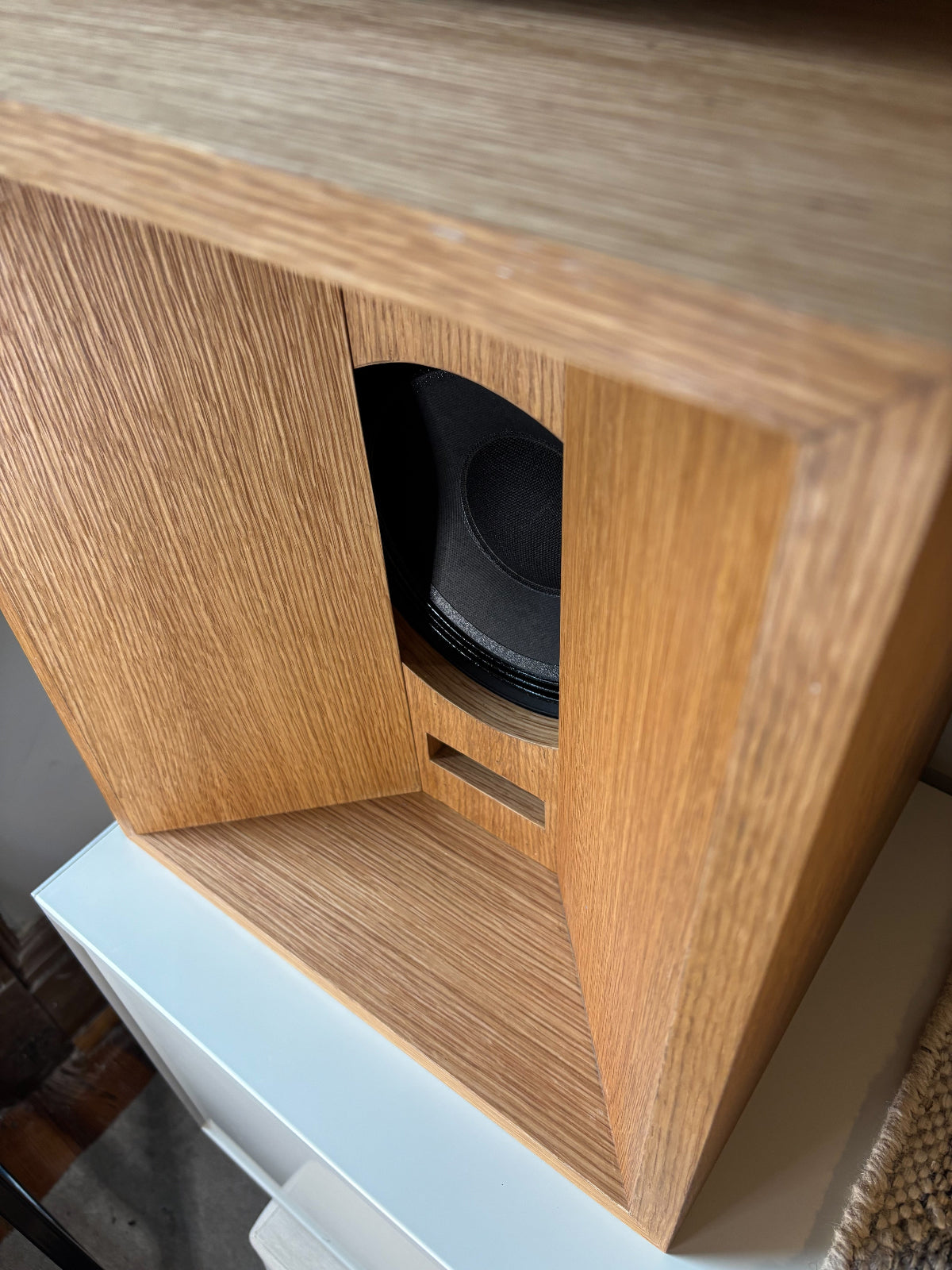 Wooden speaker enclosure with a black driver unit inside