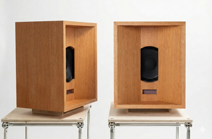 Pair of wooden speakers on stands against a white background